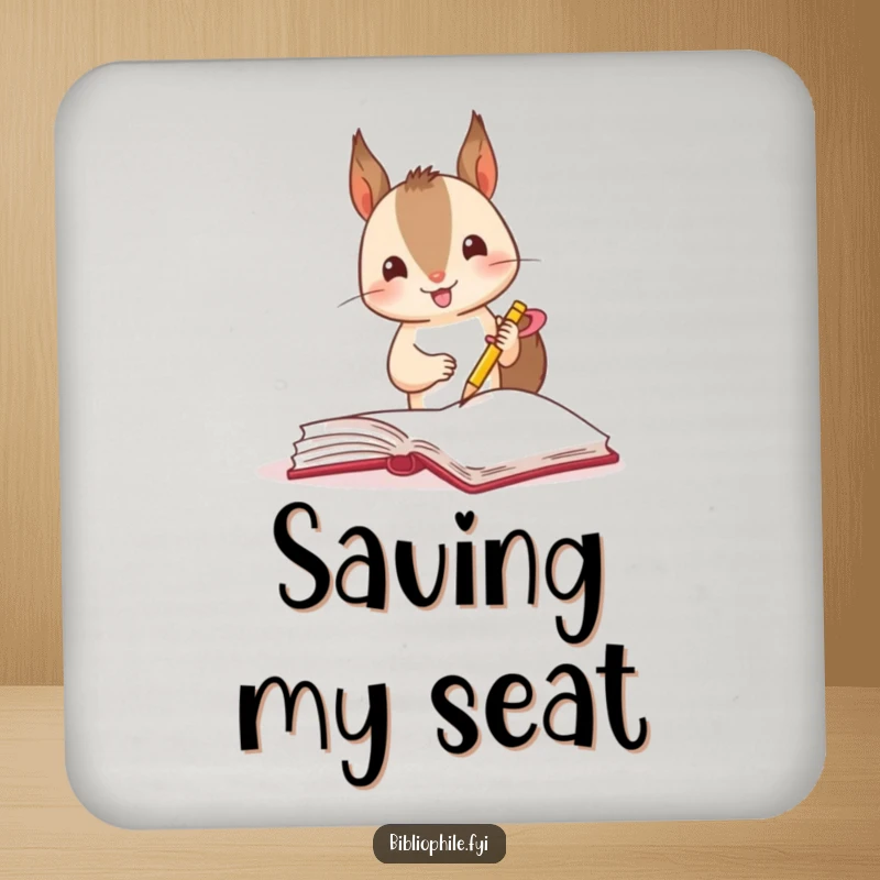 Funny squirrel marking a book page with a ribbon on a protective drink coaster, adding playful decor.