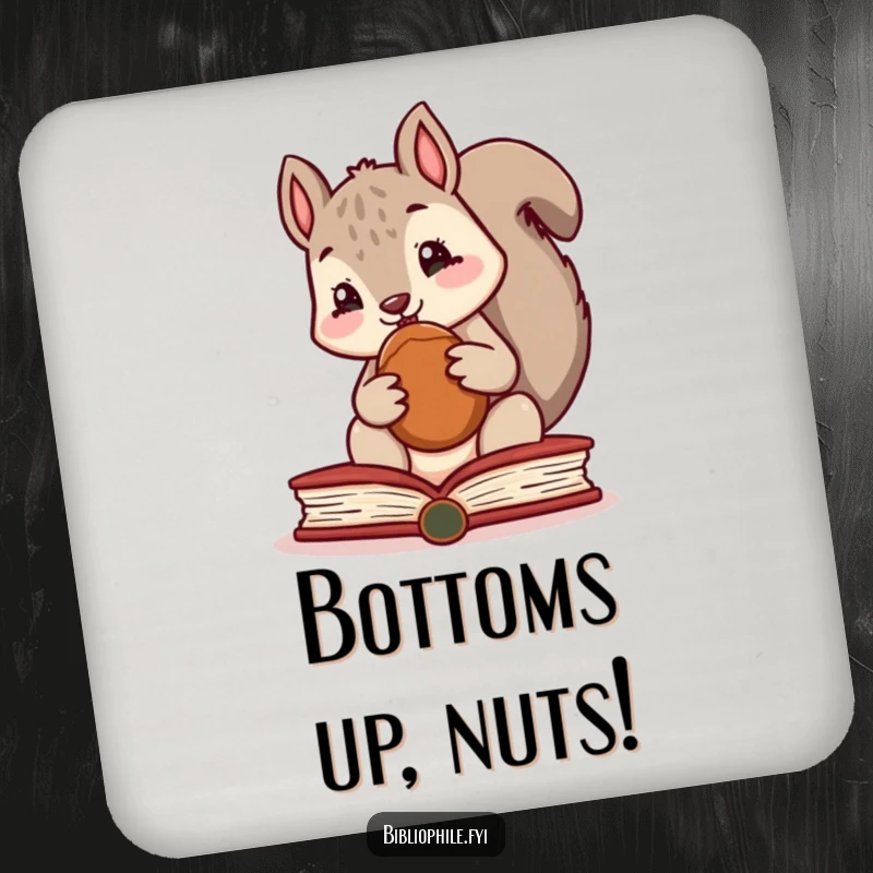 Funny coasters with a cute squirrel hiding a nut in a book, protecting surfaces with humor.