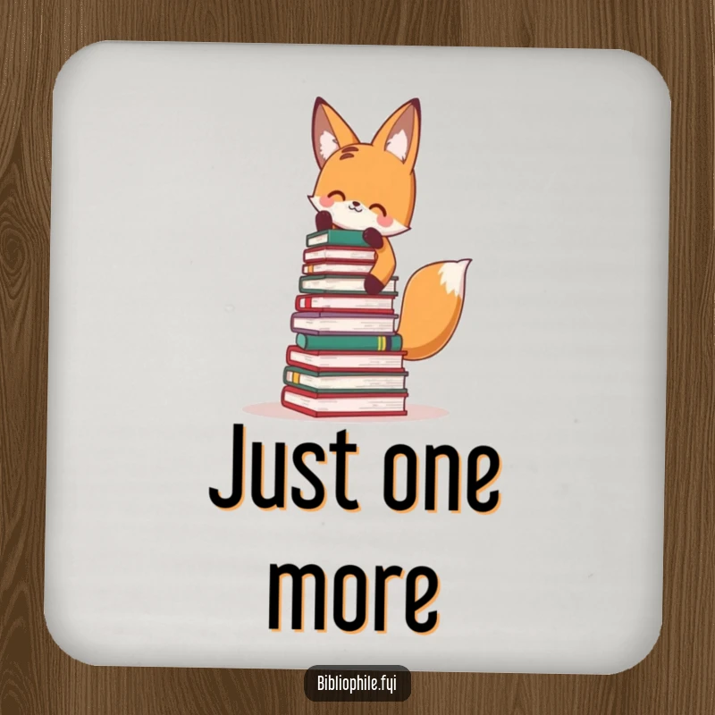Funny Fox Coaster: Cute fox stacking a tall tower of books, protecting surfaces with humor.