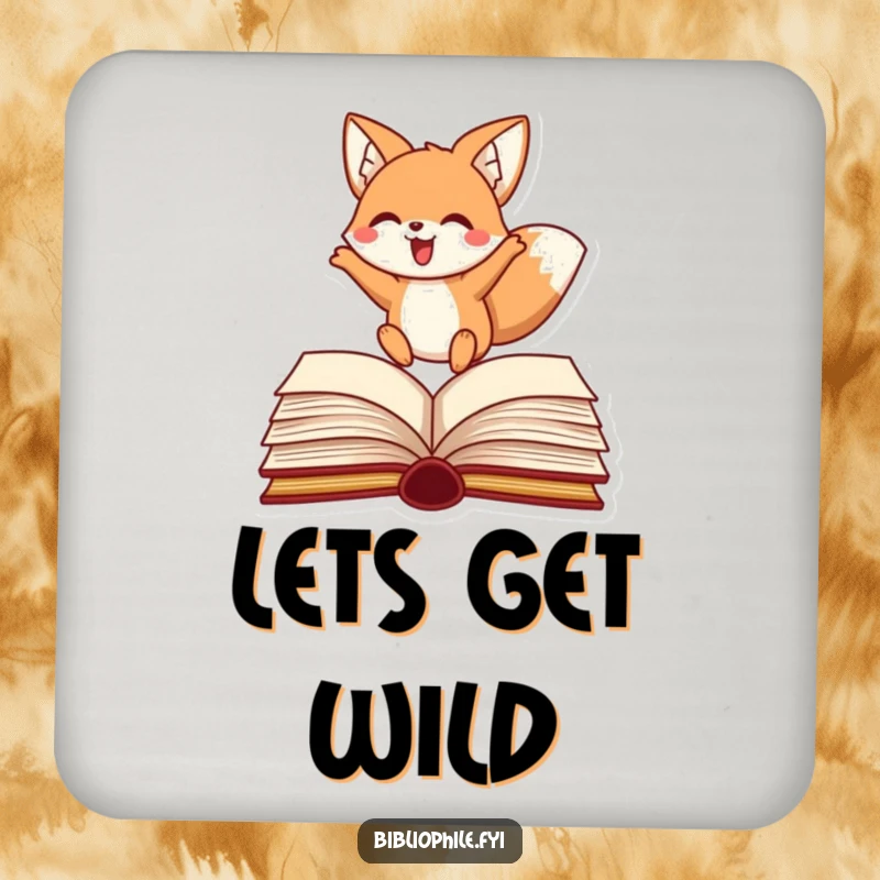 Funny fox drink coasters with happy character leaping over a book, perfect for literary tables.