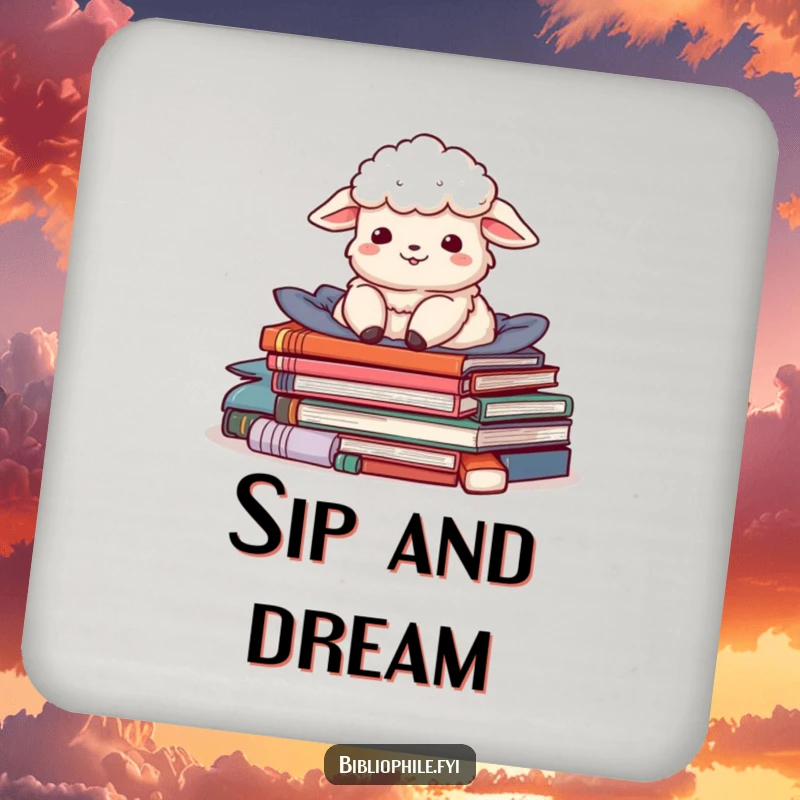 Funny coaster with a delighted sheep character nestled in a pile of stories, a cute and practical accessory.
