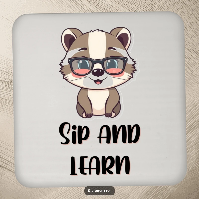 Funny coaster featuring a cheerful badger character with reading glasses, a cute and practical accessory for book lovers.