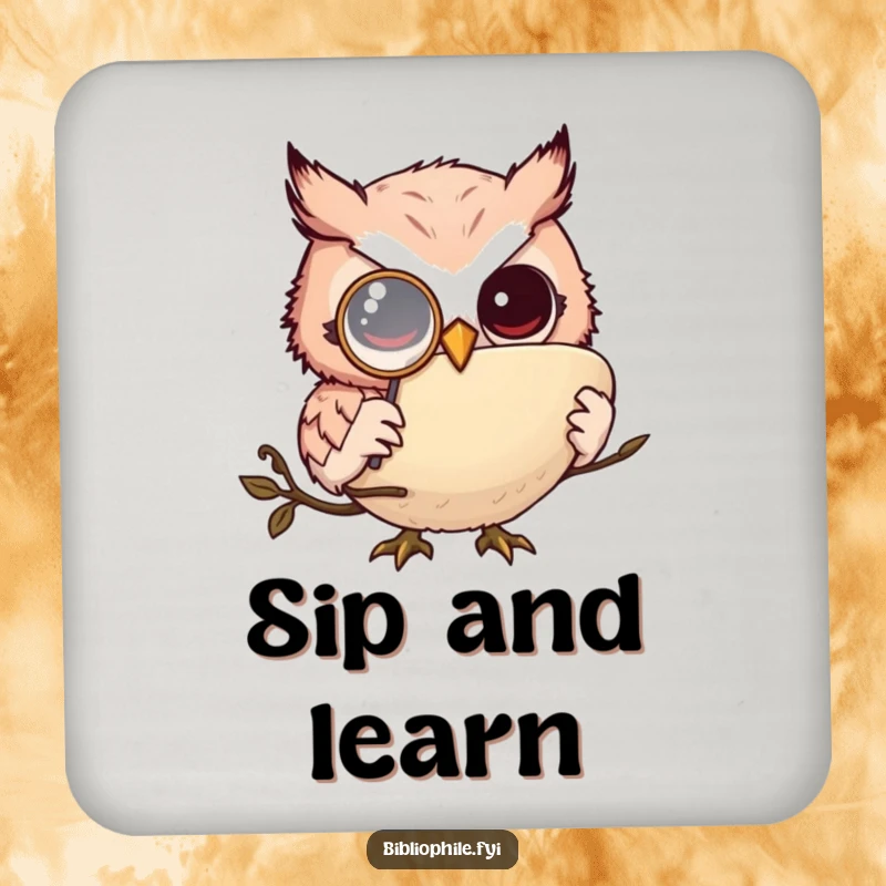 Funny owl monkler coasters, a wise owl wearing a monocle reading, protecting surfaces with humor funny gift.