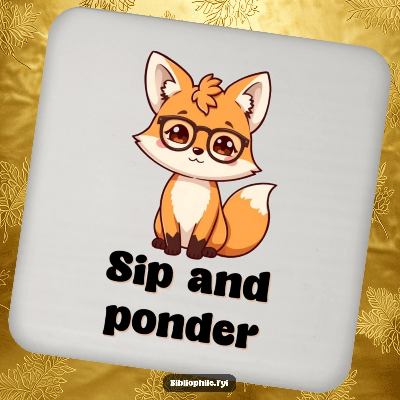 Funny scholarly fox adjusting spectacles, designed on a round drink coaster for tables.