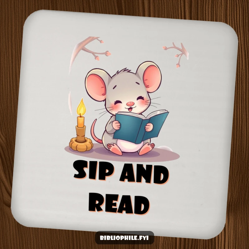 Funny coasters with a happy mouse reading a book by candlelight, protecting surfaces with a cozy vibe.