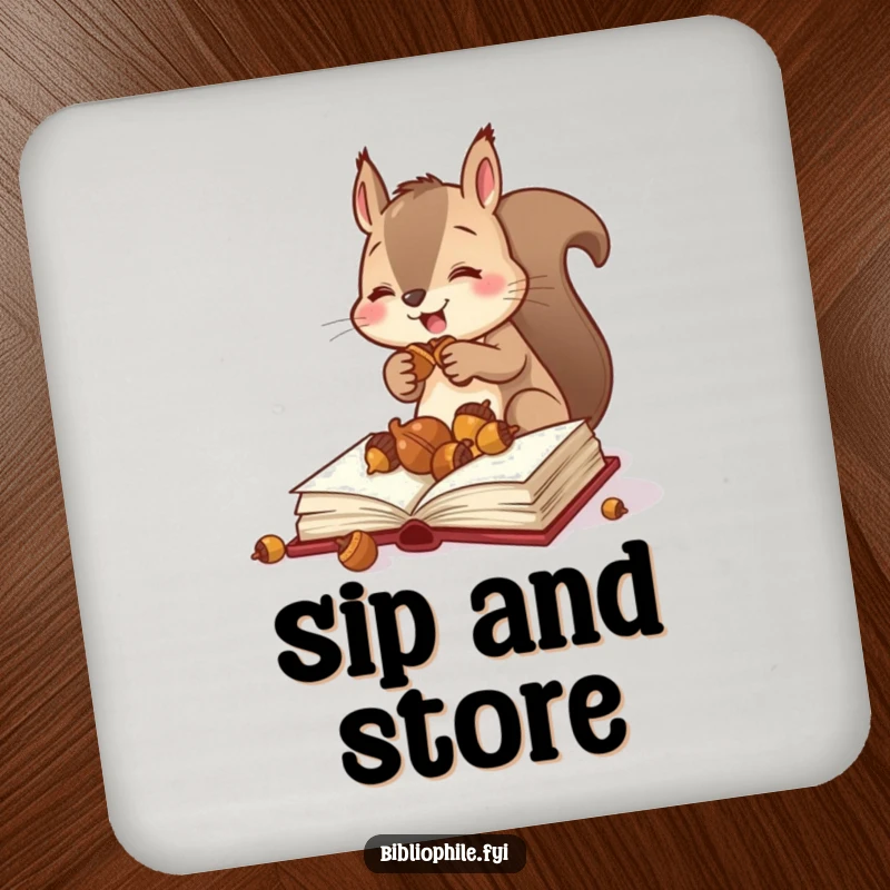 Funny squirrel storing acorns in a book on a drink coaster, symbolizing organized preparedness and humor, a delightful funny gift.
