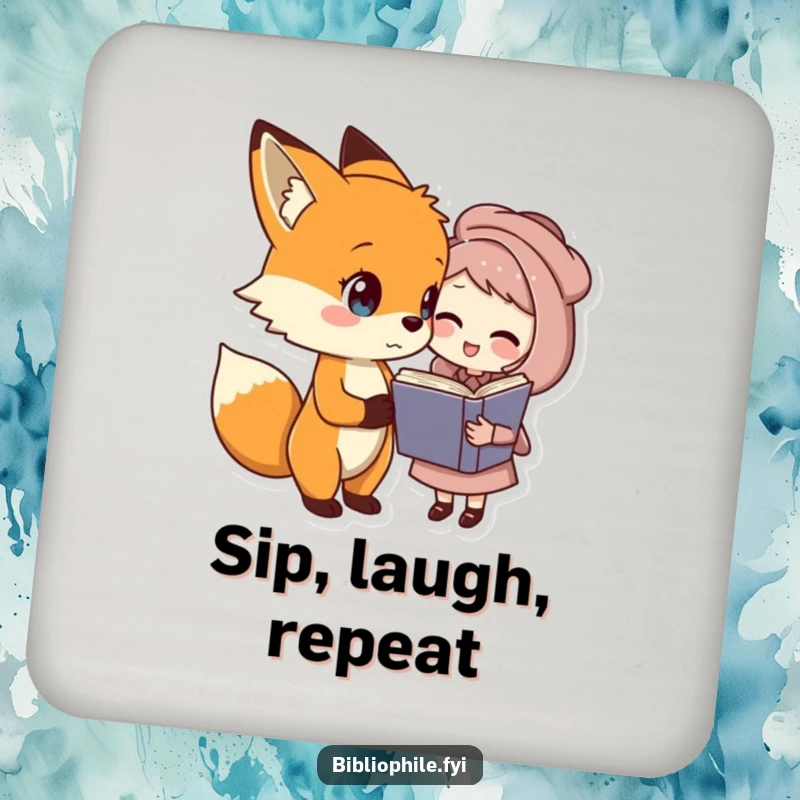 Funny fox and book friend coasters, a fox telling a joke to a book character, charming funny gift.