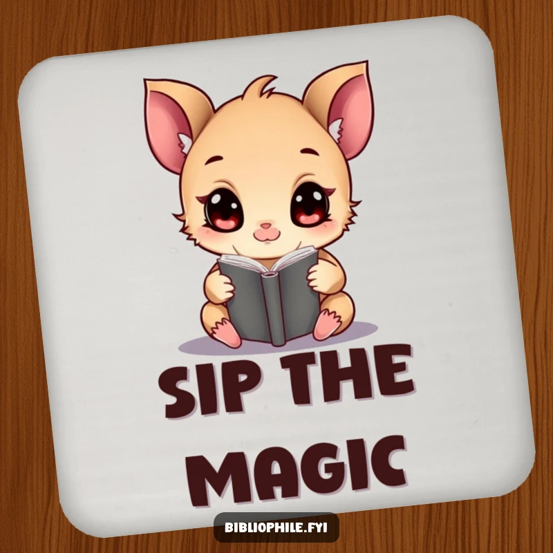 Funny tiny creature with wide eyes, engrossed in a magical tome, designed on a round drink coaster.