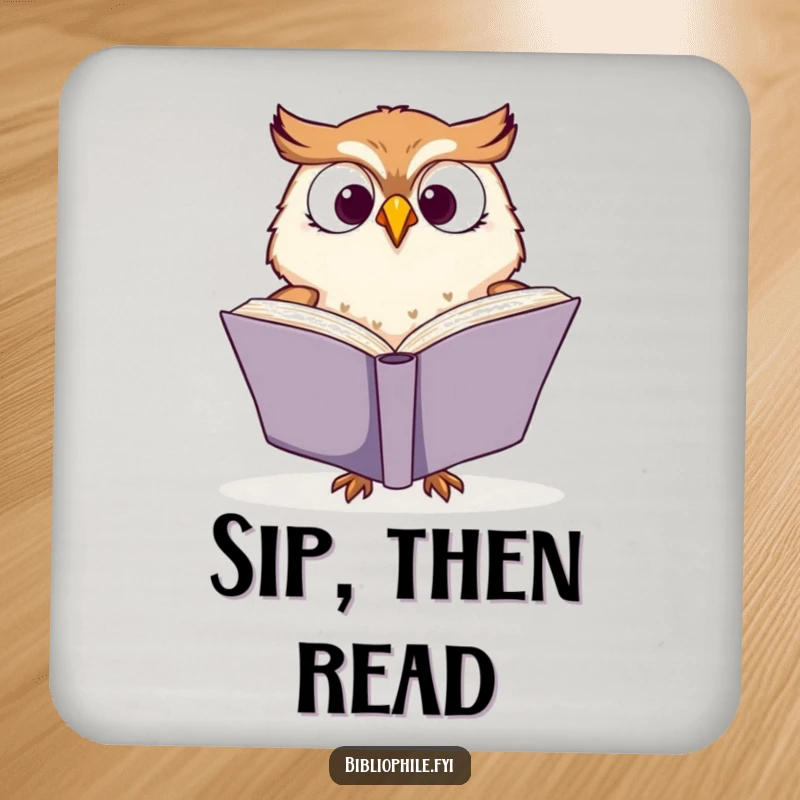 Funny drink coaster with a cute owl character enthusiastically turning book pages, adding literary flair to any table setting.