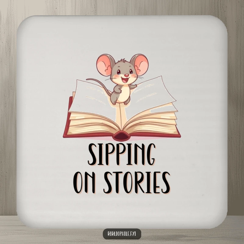 Funny Mouse Coaster: A delighted mouse scurries across storybook pages, protecting surfaces with literary humor and charm.