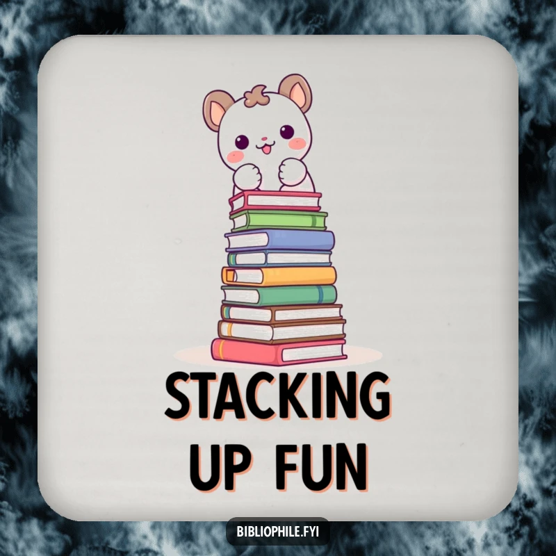 Funny drink coaster featuring a cute animal character joyfully stacking books into a tower, protecting surfaces with humor.