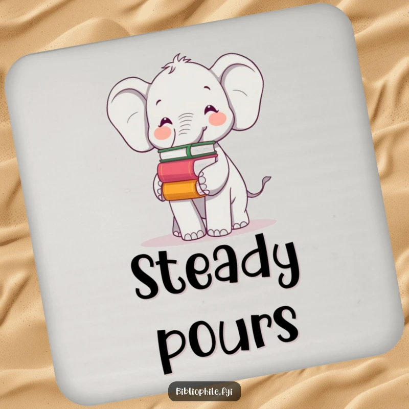 Funny drink coaster with a cheerful elephant balancing books on its trunk, protecting surfaces with gentle humor.