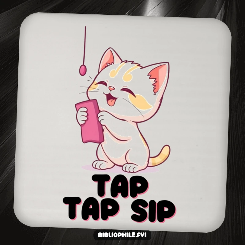 Funny kitten drink coasters with a playful character batting at a bookmark, perfect for literary tables.