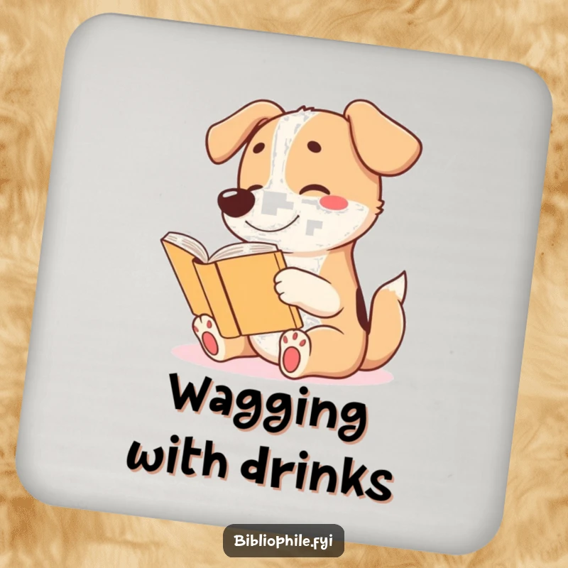 Funny drink coaster with a cute dog character wagging its tail excitedly while reading a story, adding charm.