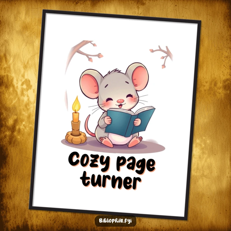 Funny poster of a happy mouse reading a book by candlelight, creating a warm and inviting atmosphere.