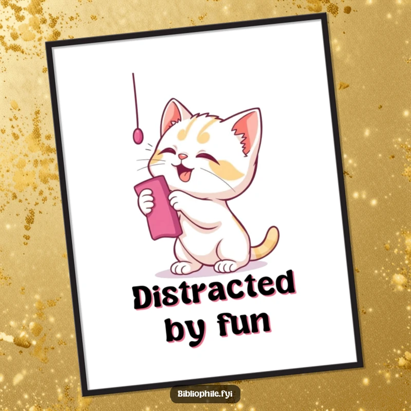 Funny kitten bookmark poster print of a playful character batting at a bookmark, whimsical cat art.
