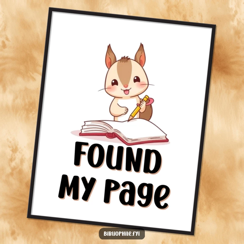 Funny small squirrel using a ribbon to mark a page in a book, as a charming wall art poster.