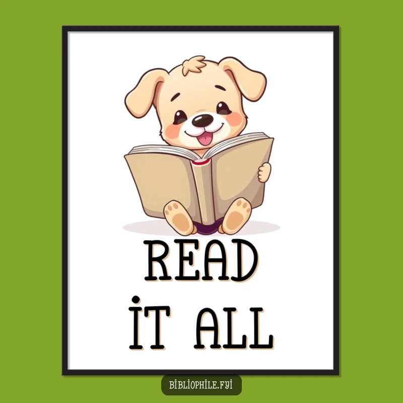 Funny Art Print: Puppy Reading Giant Book Poster Gift for Walls