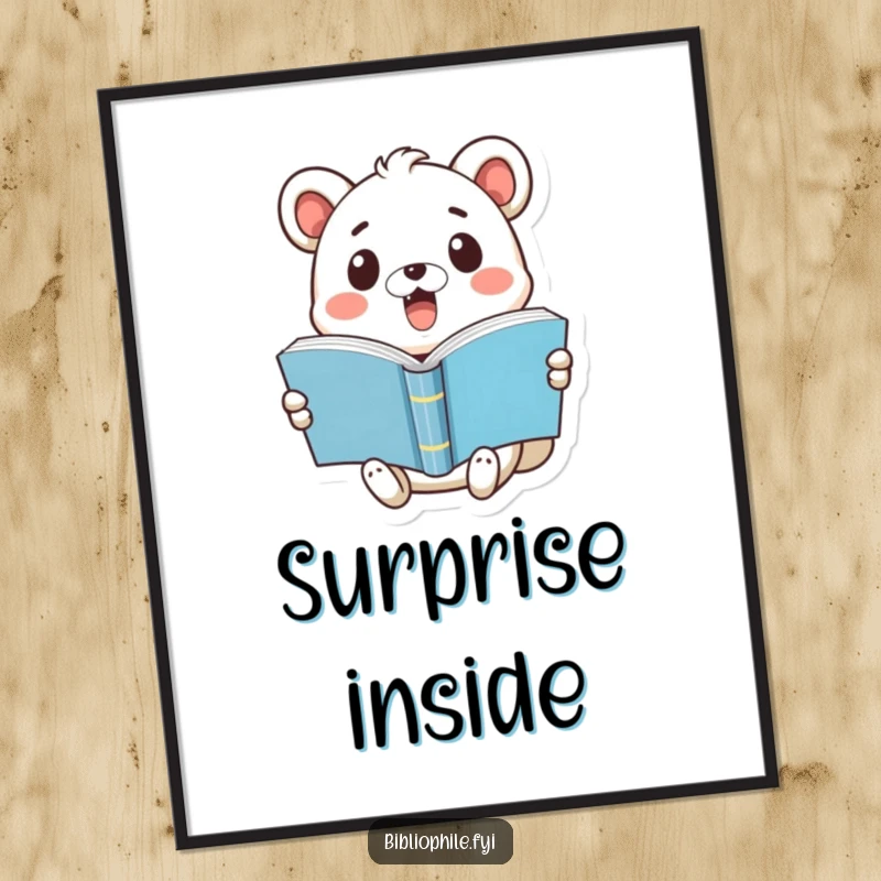 Funny poster of a cute animal with a shocked expression holding a pop-open book, representing the surprise element of reading.