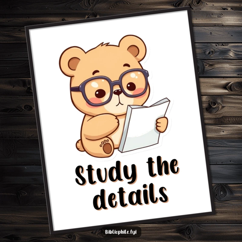 Funny Bear Poster: A focused bear wearing reading glasses points at a book page, ideal for study spaces and literary decor.