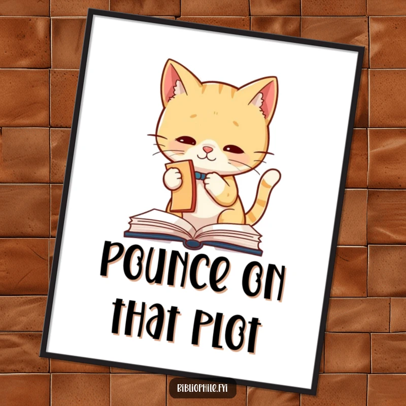 Funny Cat Poster showing a cute cat character playfully batting at a bookmark, adding humorous charm and literary flair to any room's decor.