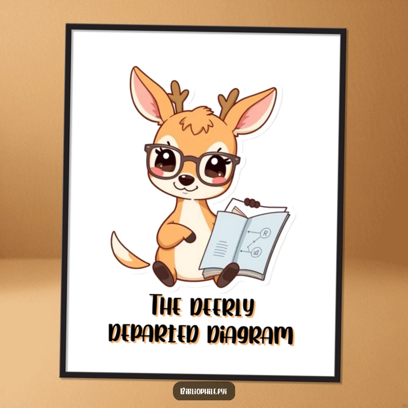 Funny Deer Poster showing a cute deer character wearing spectacles and pointing at a book diagram, adding intellectual and humorous art.