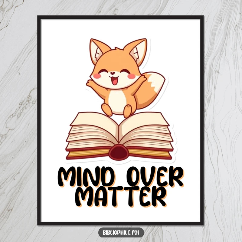 Funny fox poster print of a happy character leaping over an open book, energetic literary art.