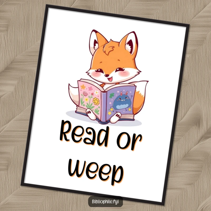 Funny fox character joyfully reading a book on a colorful poster print, evoking a love for stories, a humorous wall art.