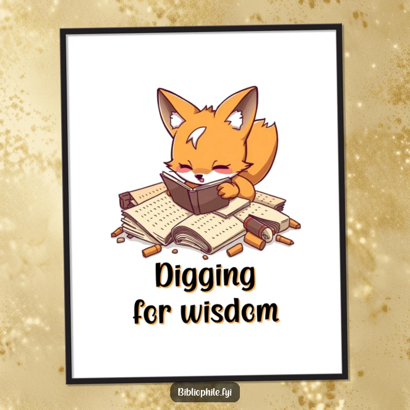 Playful fox enthusiastically digging through a pile of forgotten manuscripts, designed as a humorous art print.