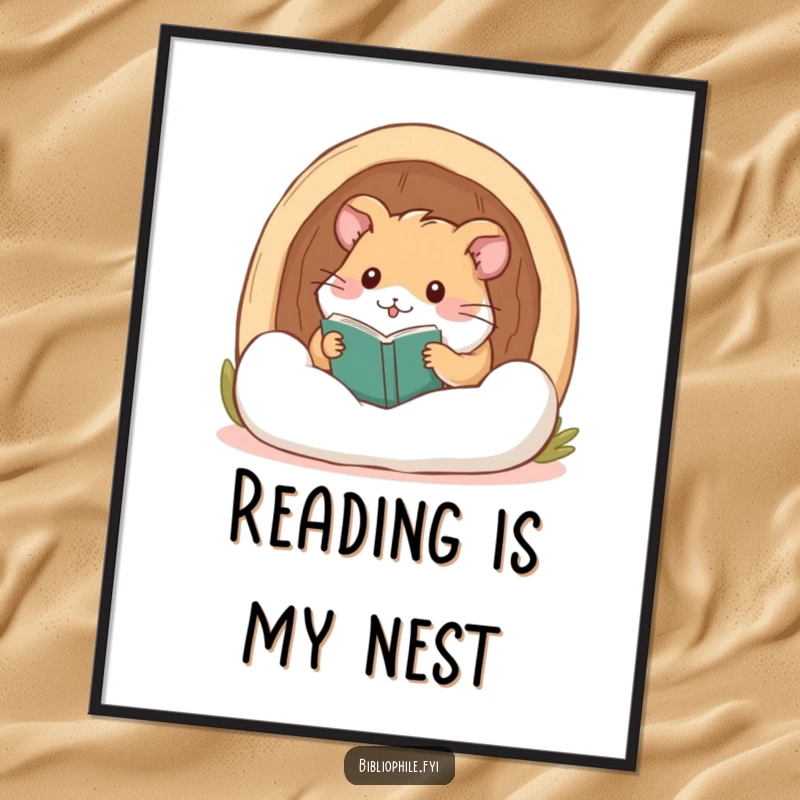Funny hamster contentedly burrowed in a comfy reading nook, presented as a warm and inviting poster.