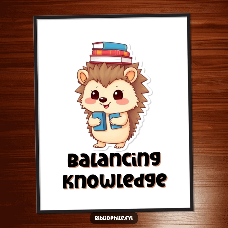 Funny poster of a playful hedgehog balancing books on its head, adding a quirky touch to decor.