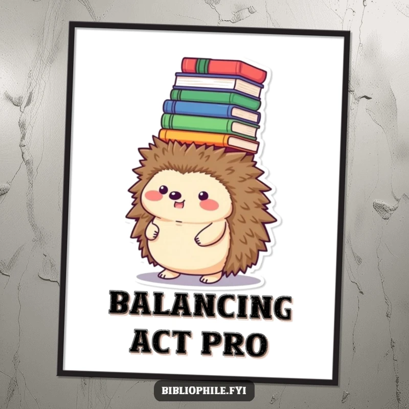 Funny hedgehog poster, balancing a tower of books on its head, charming wall art funny gift.