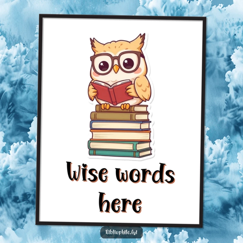 Funny kawaii owl character wearing reading glasses, perched on books, presented as scholarly wall art.