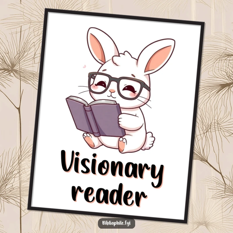 Funny Rabbit Poster: Cute rabbit wearing reading glasses, happily engrossed in a story, charming art.