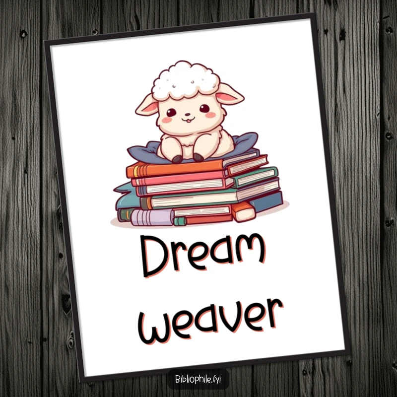 Funny poster featuring a delighted sheep character nestled in a pile of stories, bringing cozy and whimsical vibes.