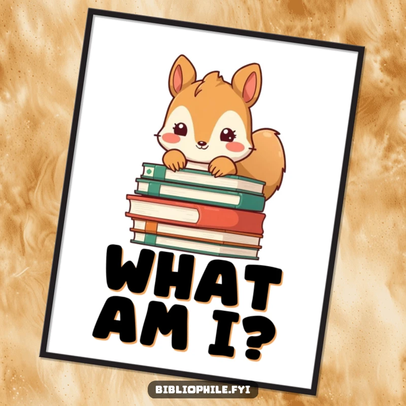 Funny Squirrel Poster: Cute squirrel peeking from behind a pile of books, whimsical and charming art.