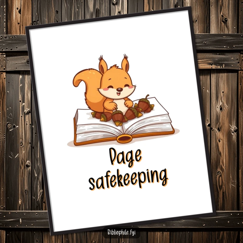 Funny Squirrel Poster depicting a happy squirrel character burying acorns within the pages of a large hardcover book, ideal for wall art.