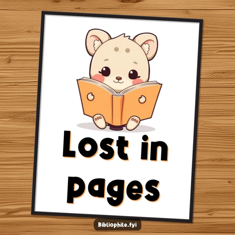 Funny poster of a cute animal character happily reading an oversized, open book, bringing cheer and literary delight.