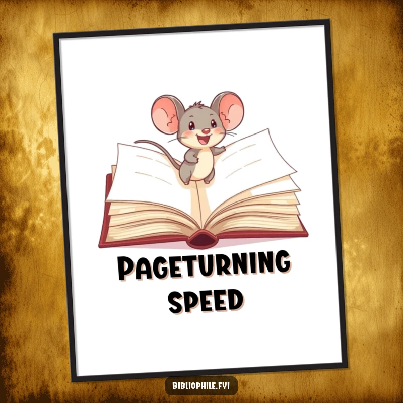 Funny Mouse Poster: A delighted mouse scurries across open pages of a giant storybook, ideal for whimsical and literary decor.