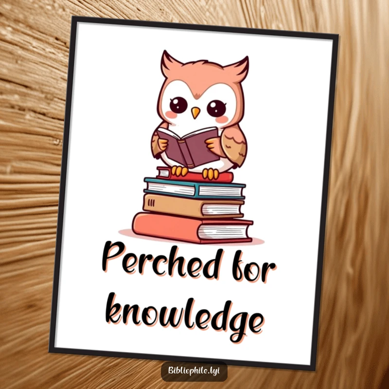Funny owl poster print showing a cute character reading on a stack of books, whimsical wall art.