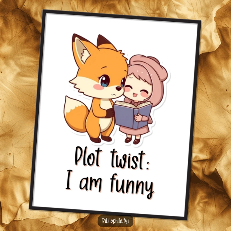 Funny fox and book character poster, a fox and book character sharing a joke, whimsical funny gift.