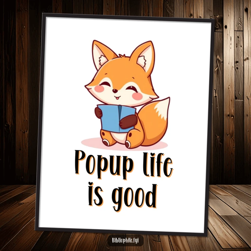 Funny poster showing a smiling fox character discovering a hidden pop-up, capturing the magic of surprise and playful exploration.