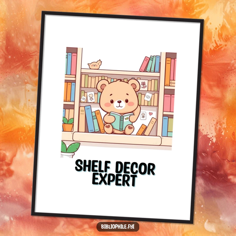 Funny Bear Poster: Cute bear happily decorating a bookshelf with tiny drawings, whimsical and artistic art.
