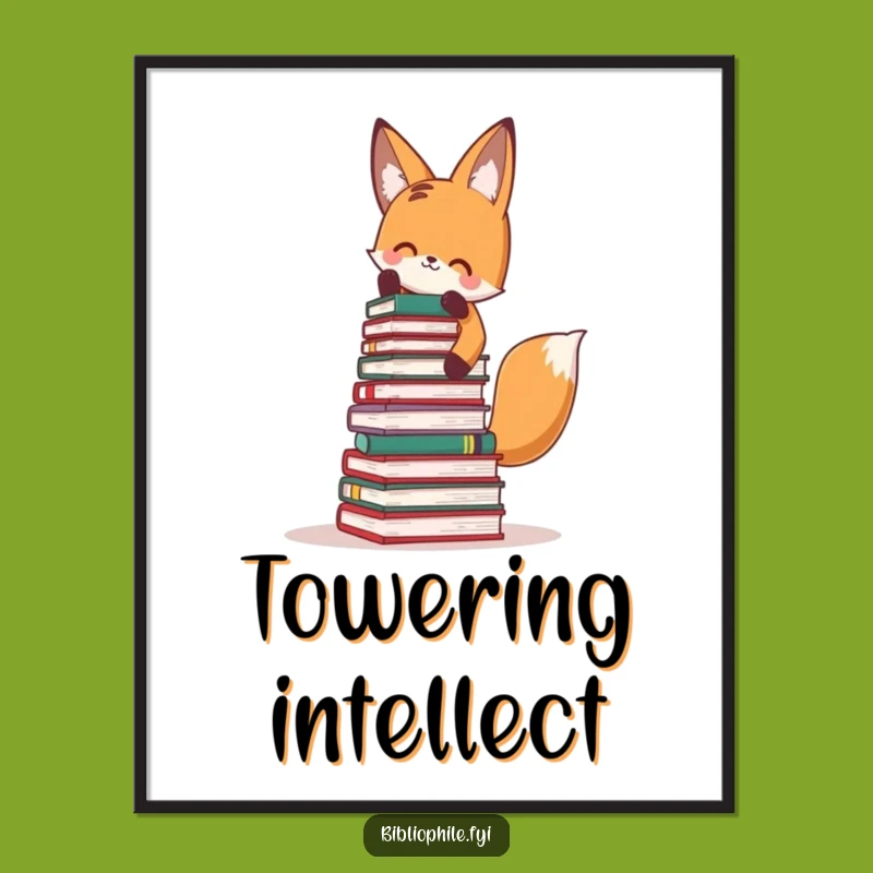 Funny Fox Book Tower Poster: Hilarious Wall Art for Reading Nooks and Book Lovers