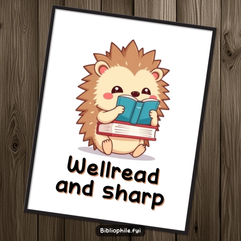 Funny kawaii hedgehog character balancing a book on its spines, as humorous and charming wall art.