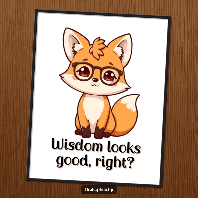 Funny fox with academic expression adjusting spectacles, presented as a charming art print for wall decor.