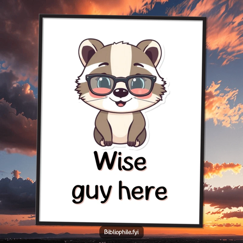 Funny poster depicting a cheerful badger character with reading glasses, looking intellectual and friendly, perfect wall art for book lovers.