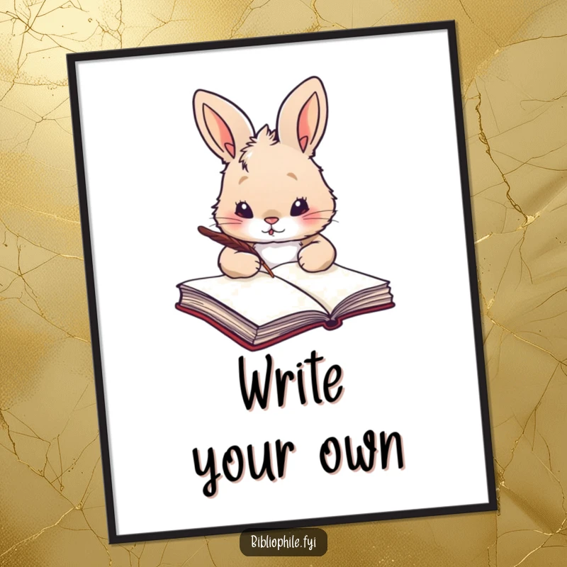 Funny fluffy rabbit holding a quill, poised to write in a large tome, as wall art poster.