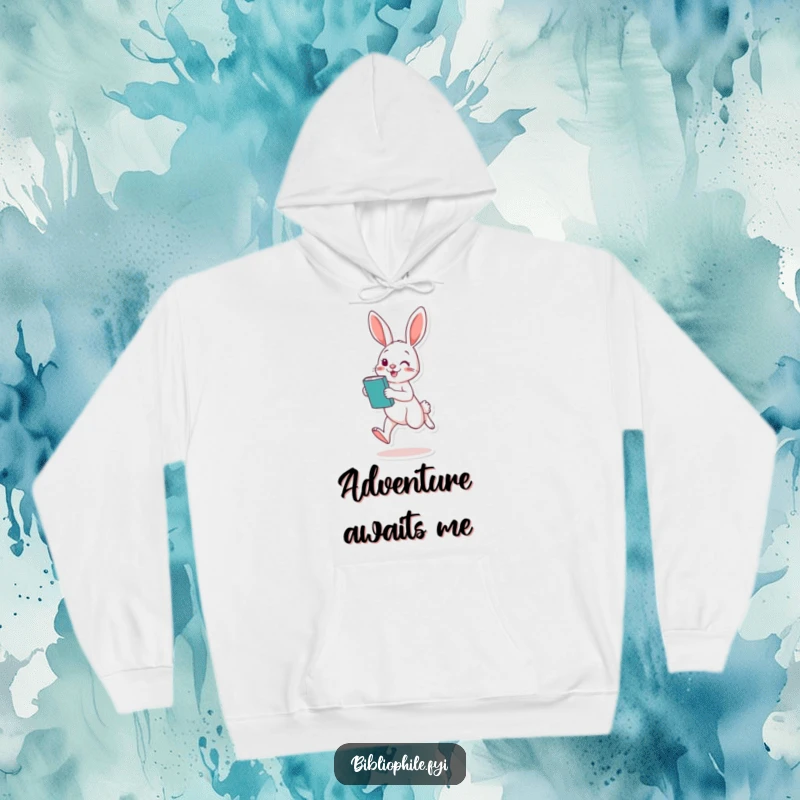 Funny Rabbit Hoodie: A playful rabbit hops energetically with a book, designed for cozy reading and cheerful vibes.