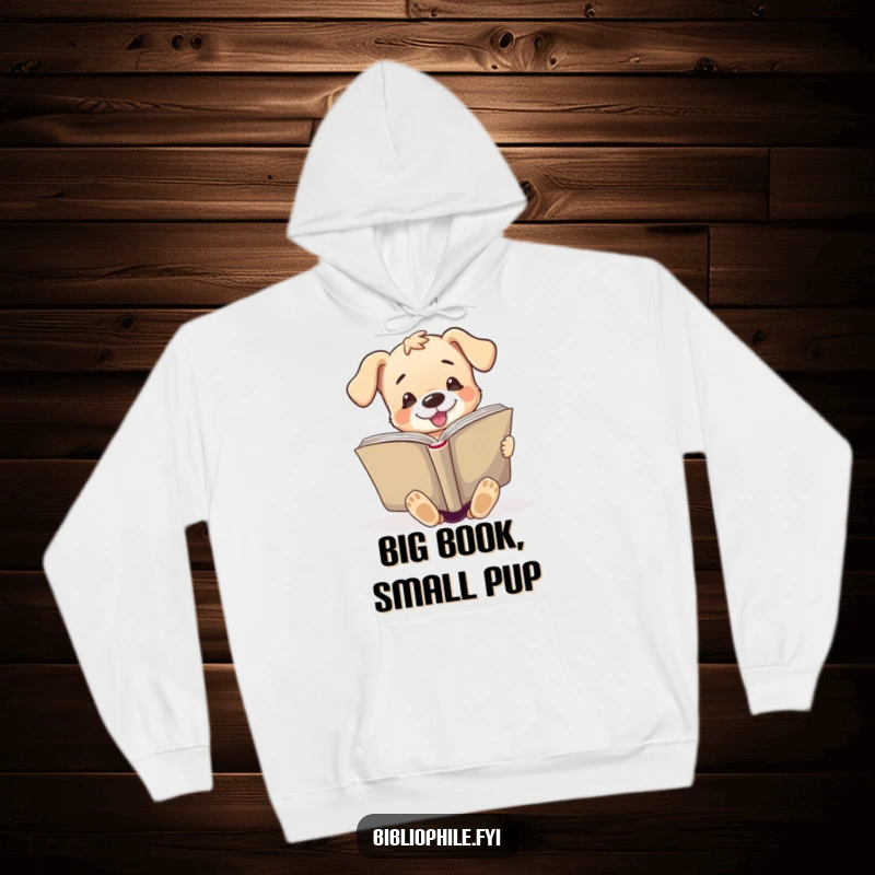 Funny hoodie with a cute puppy character demonstrating great enthusiasm while reading a large, open book, perfect for warmth.